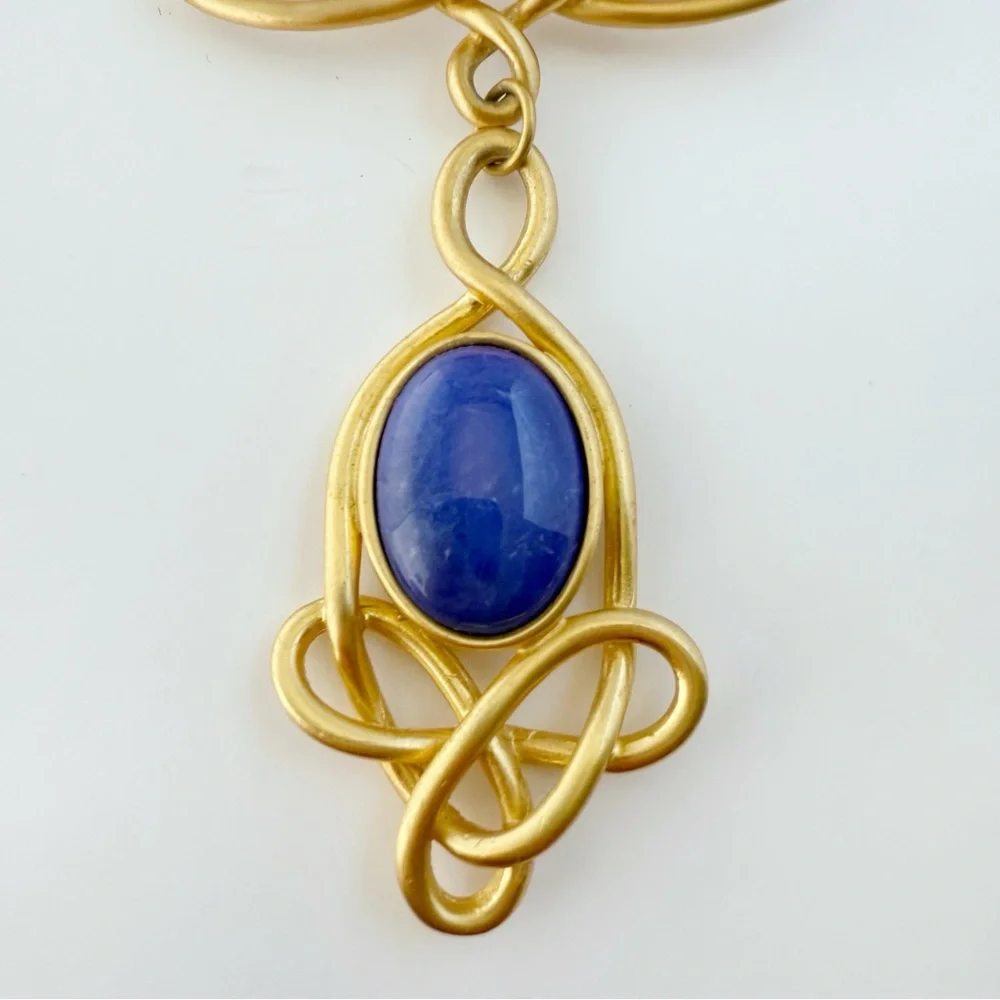 Vtg Large Matte Goldtone Art Nouveau Revival Scroll Blue Stone Dangle Brooch